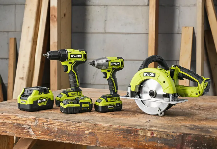 Ryobi power tools on a jobsite bench