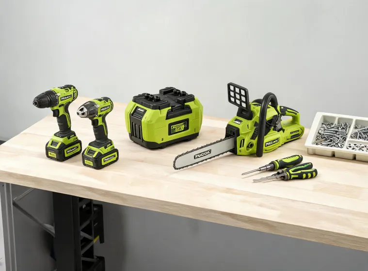 Ryobi product range on workbench