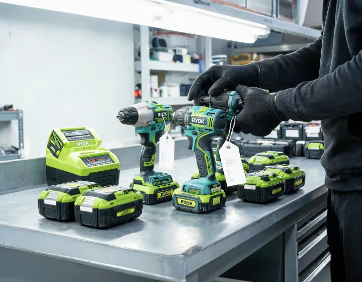 Ryobi service bench with batteries and diagnostics